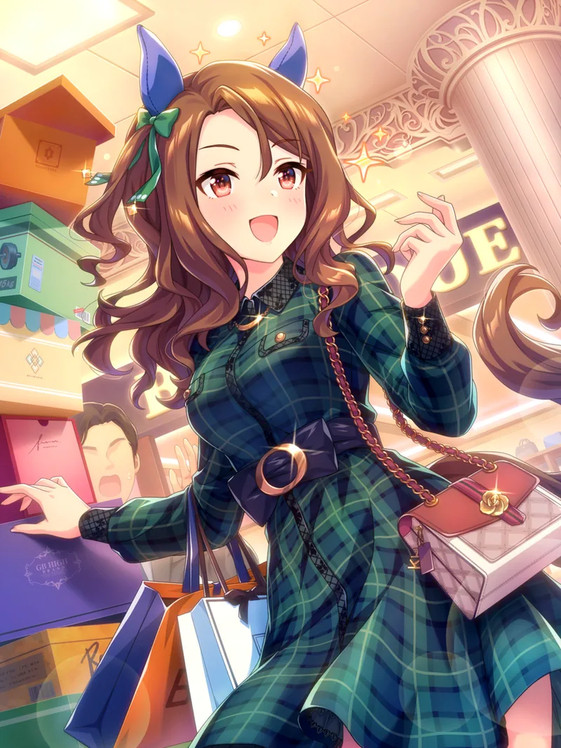 King Halo in a green tartan dress, arms full of shopping bags
