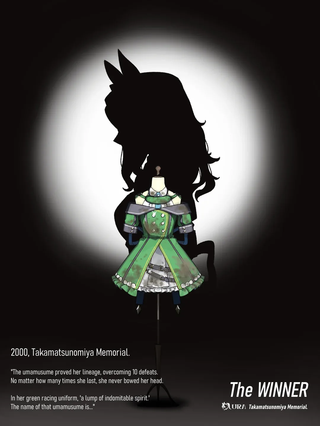 Poster of a green racing dress on a mannequin, a silhouette behind it, captioned The WINNER