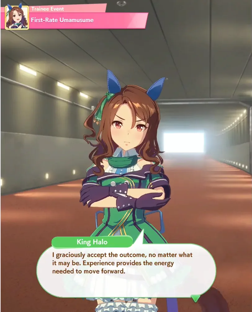 King Halo in the tunnel after a lost race, saying she accepts the outcome
