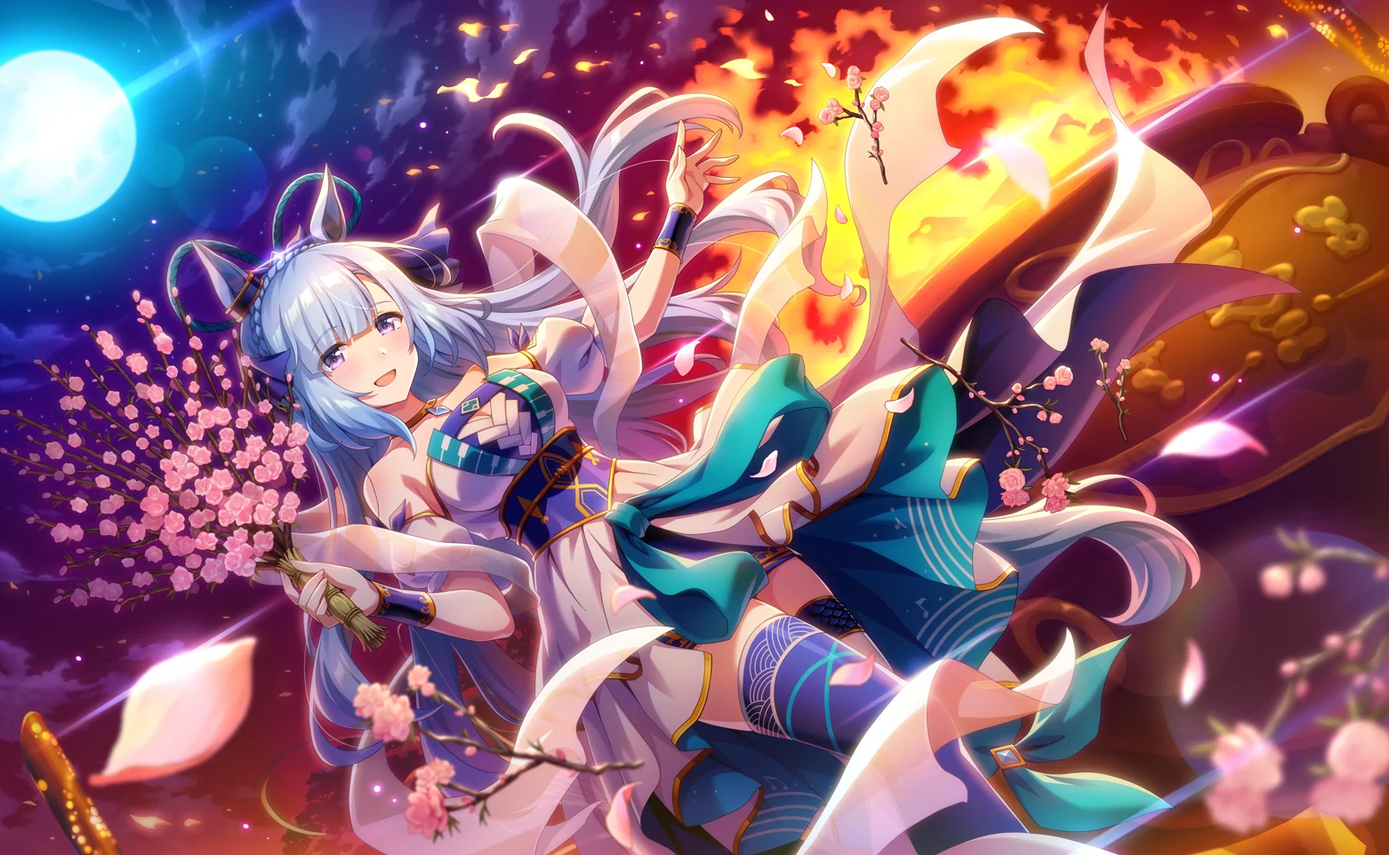 Ardan and Ramonu dancing under a full moon among cherry blossoms